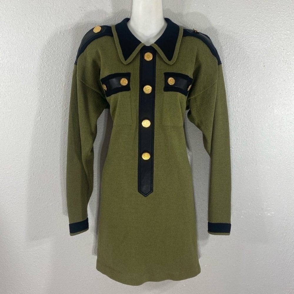 Vintage Cache green black knit military influenced dress Medium M W3 - Picture 5 of 12